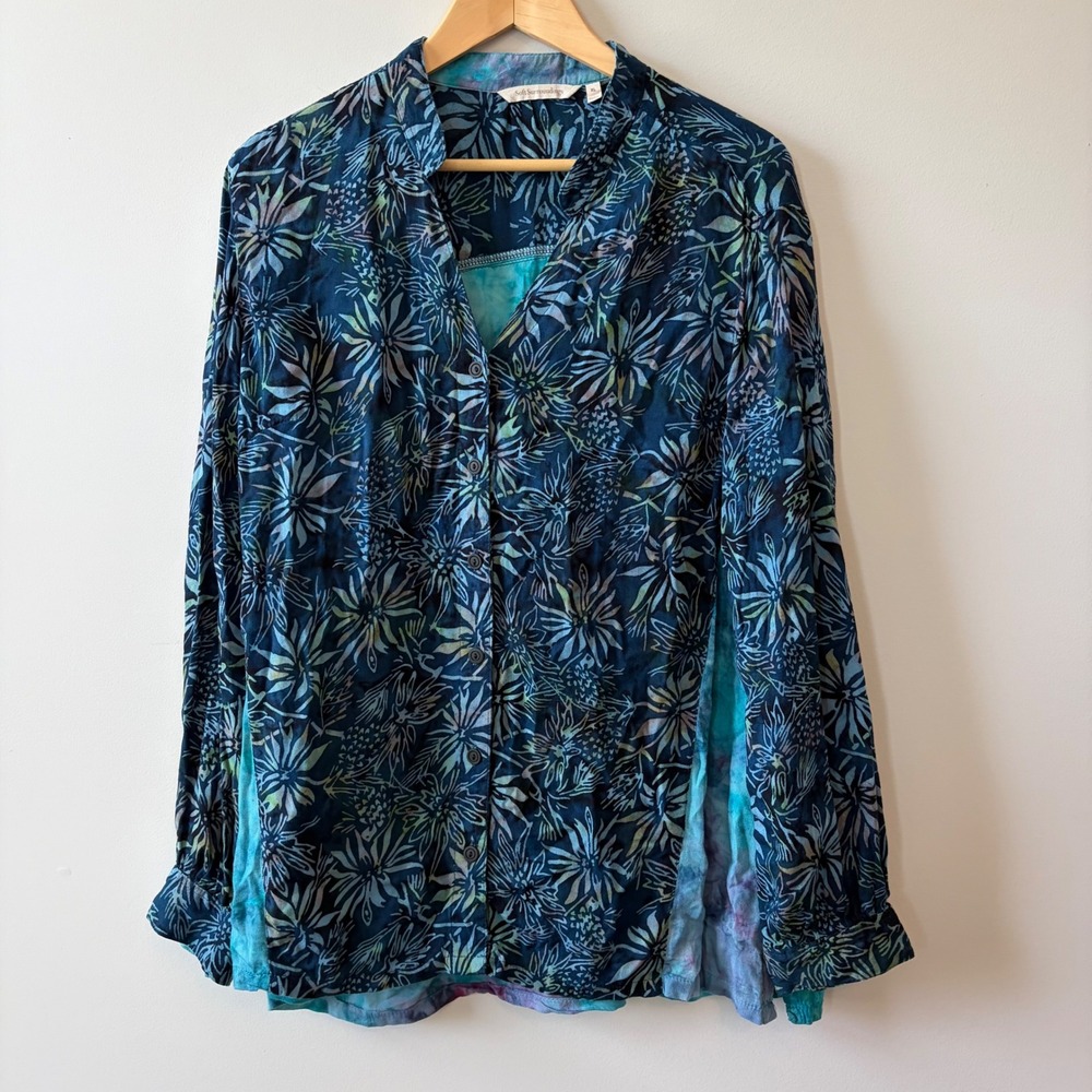 Soft Surroundings XL Blue Floral Tie Dye Rayon Button Down Blouse 2FF02